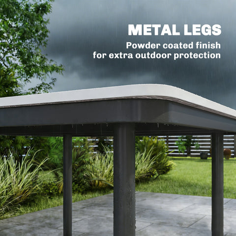 Black powder-coated metal legs supporting an outsunny garden dining table with faux wood top and umbrella hole