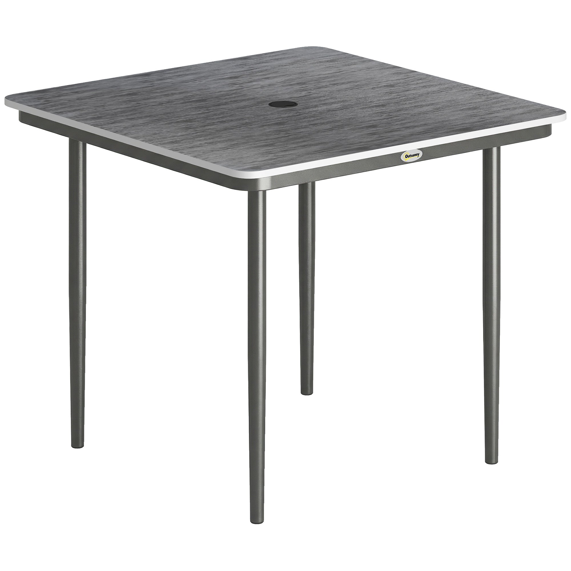 Gray textured faux wood top outsunny garden dining table with metal legs and umbrella hole featuring beverly logo
