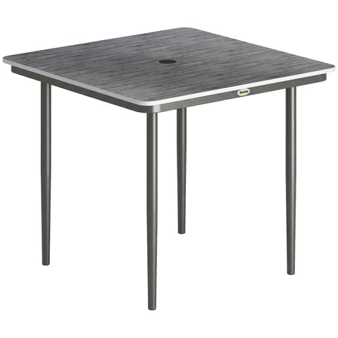 Gray textured faux wood top outsunny garden dining table with metal legs and umbrella hole featuring beverly logo