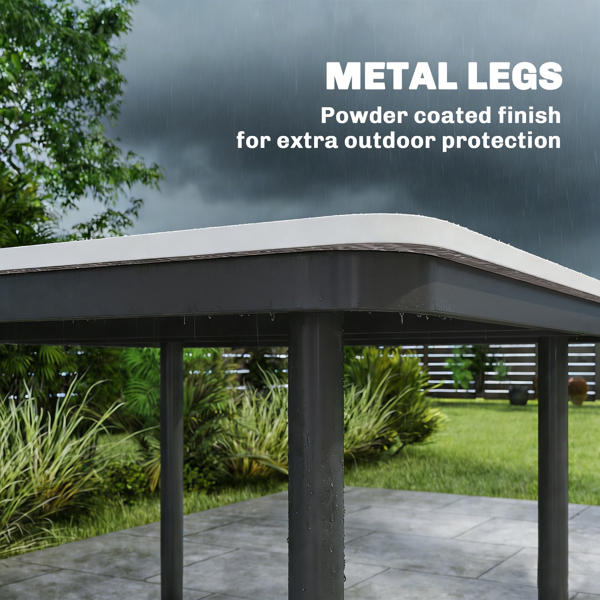 Black powder-coated metal legs supporting the outsunny garden dining table with faux wood top and umbrella hole
