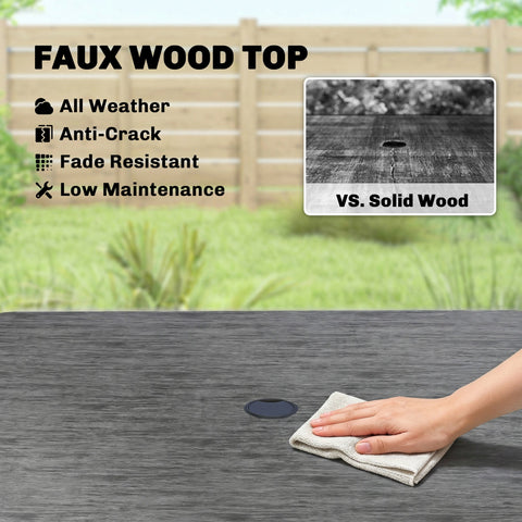 Outsunny garden dining table for 4 with dark gray faux wood top and textured grain finish, metal legs, umbrella hole
