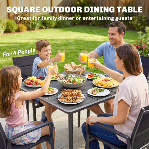 Outsunny garden dining table with black faux wood top and sturdy metal legs perfect for outdoor dining setups