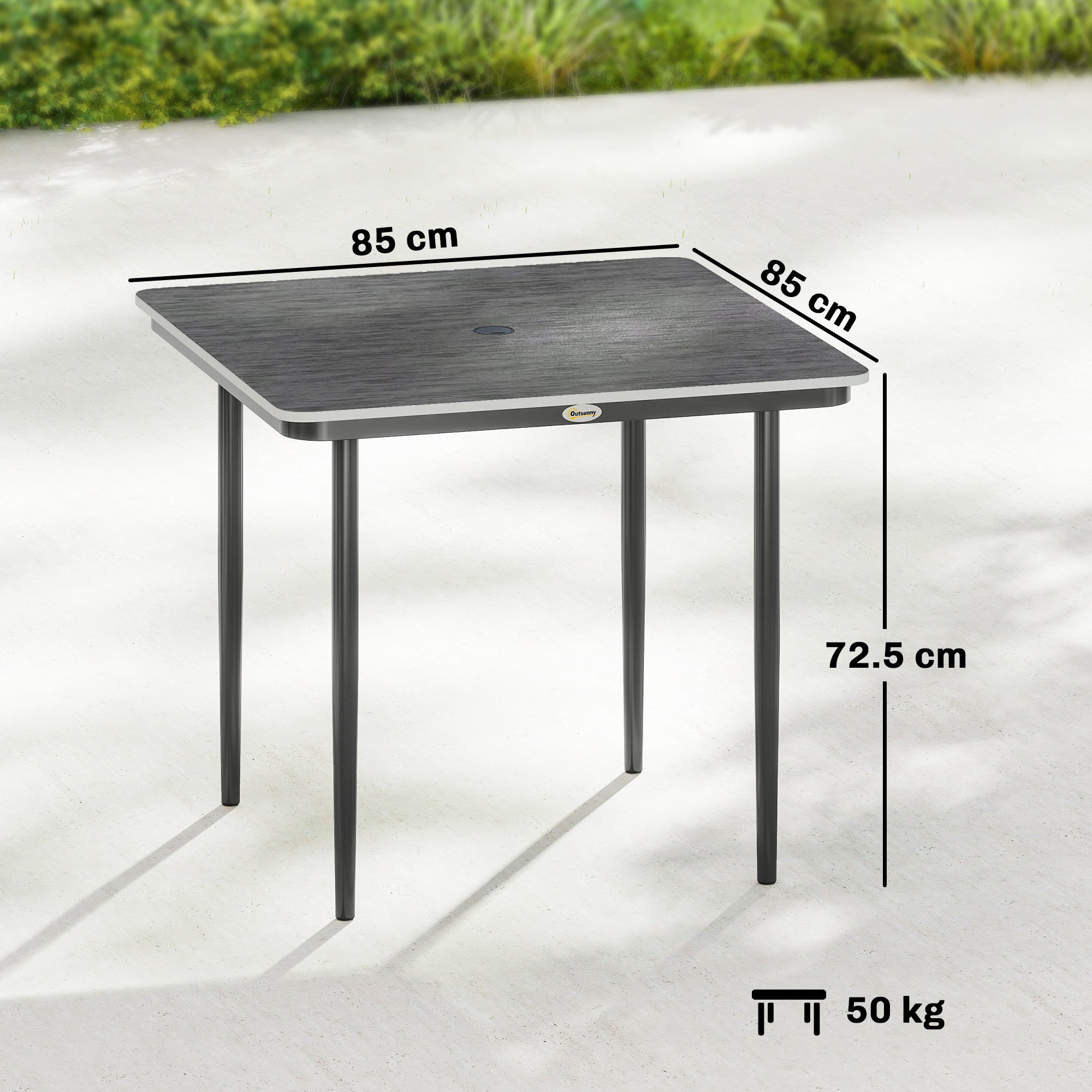 Black outsunny garden dining table for 4 with dark grey faux wood top and metal legs measuring 85 cm square