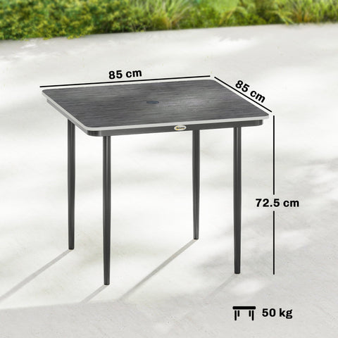 Black outsunny garden dining table for 4 with dark grey faux wood top and metal legs measuring 85 cm square