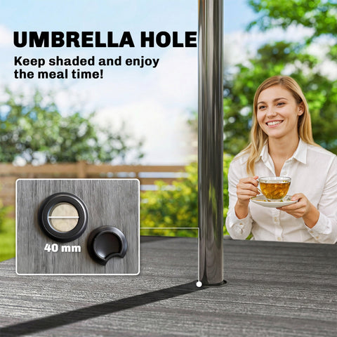 Shiny black metal umbrella pole with 40 mm base and cap on outsunny garden dining table for 4 with umbrella hole