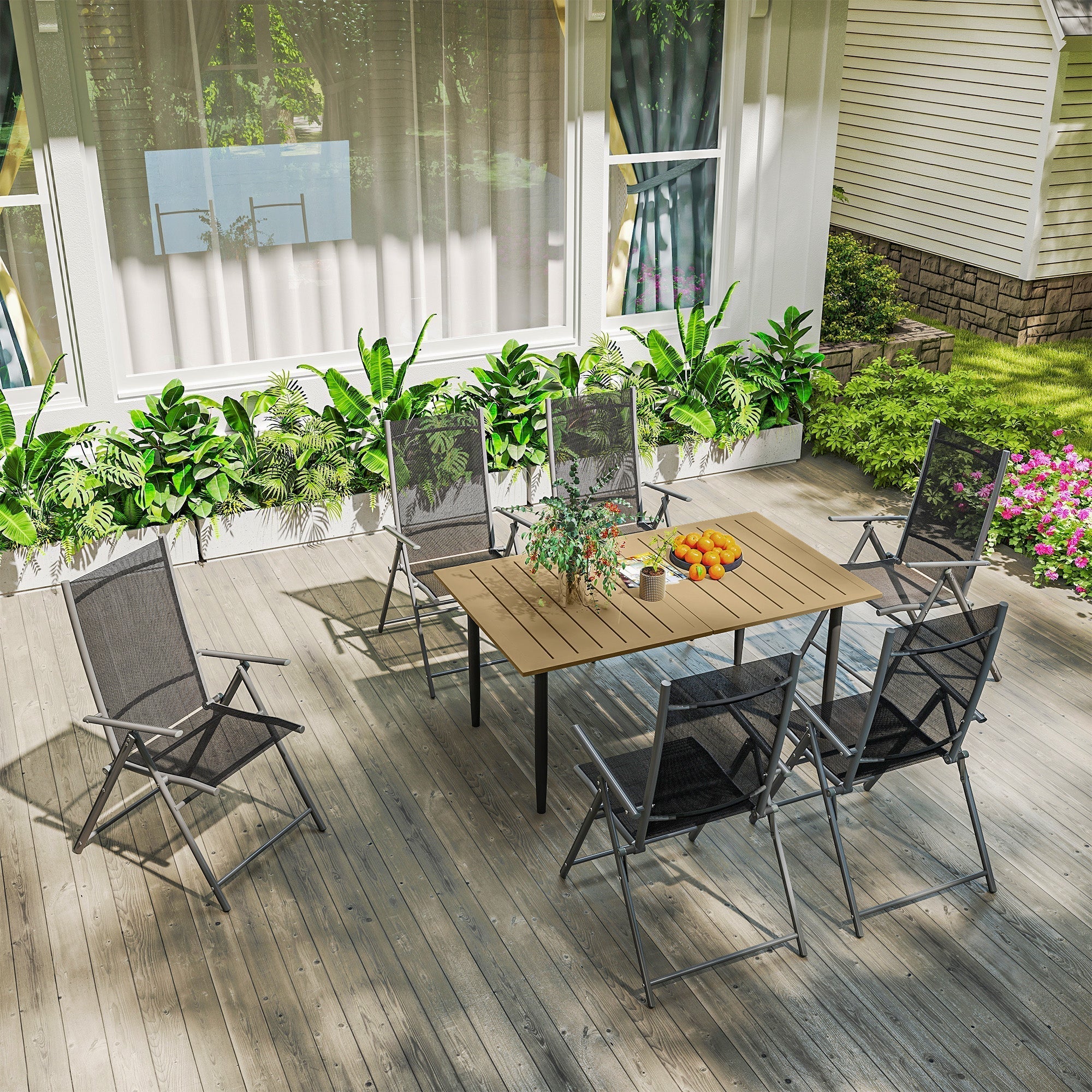 Gray mesh patio dining set with wooden table features steel frame slatted design and umbrella hole seats six outdoors