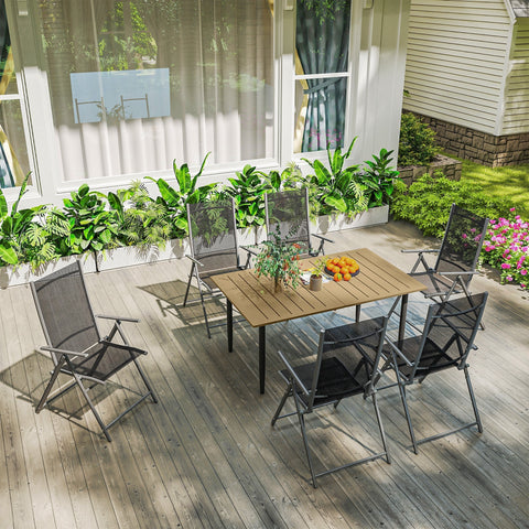 Gray mesh patio dining set with wooden table features steel frame slatted design and umbrella hole seats six outdoors