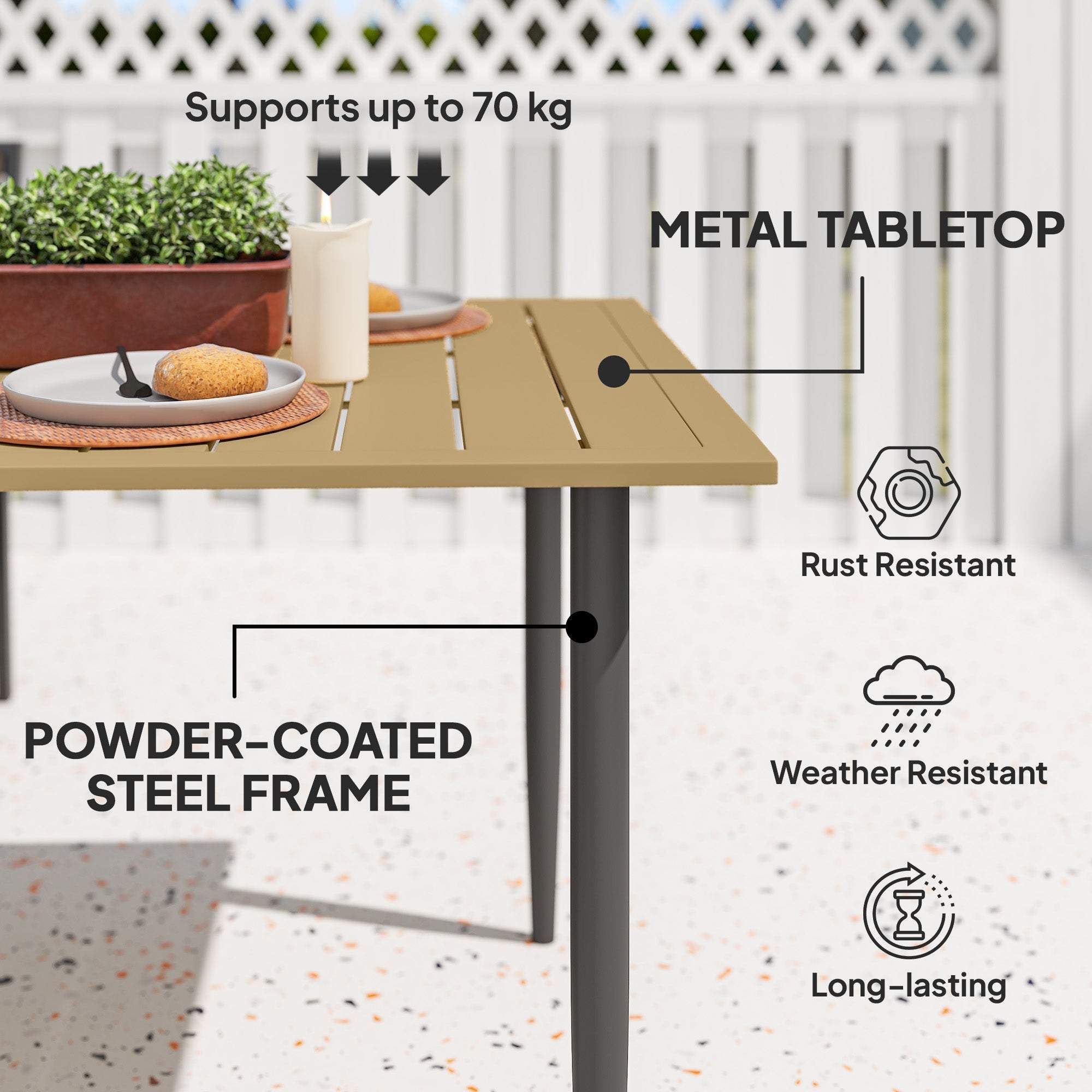 Tan metal tabletop outsunny garden dining table seats six with powder-coated steel frame and umbrella hole slatted design