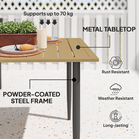 Tan metal tabletop outsunny garden dining table seats six with powder-coated steel frame and umbrella hole slatted design
