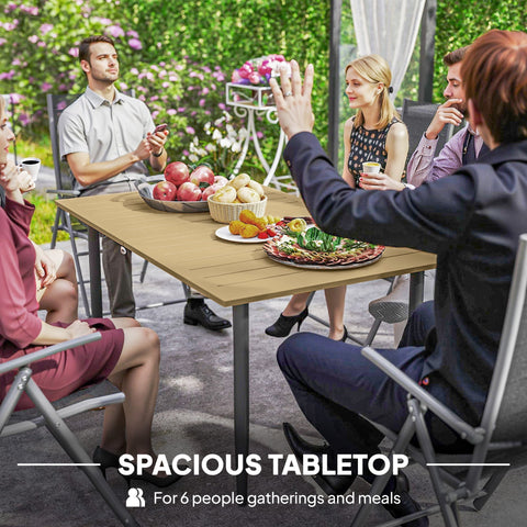 Outsunny garden dining table in brown with slatted design metal frame umbrella hole seats six for outdoor use