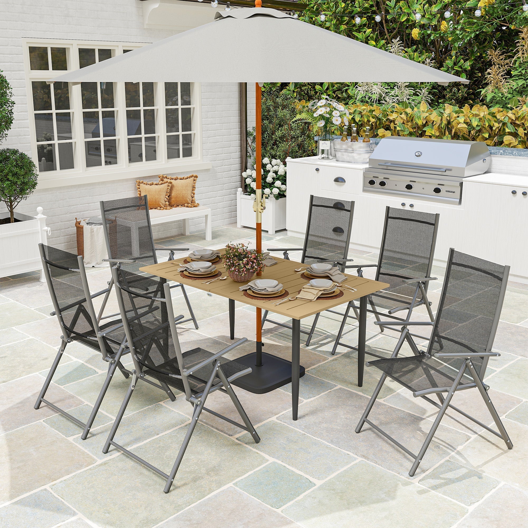 Gray mesh patio dining set with wooden slatted table and metal frame chairs seats six under umbrella with umbrella hole
