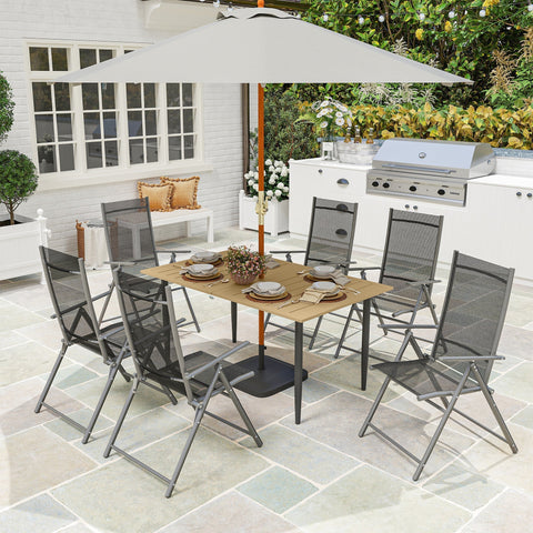 Gray mesh patio dining set with wooden slatted table and metal frame chairs seats six under umbrella with umbrella hole