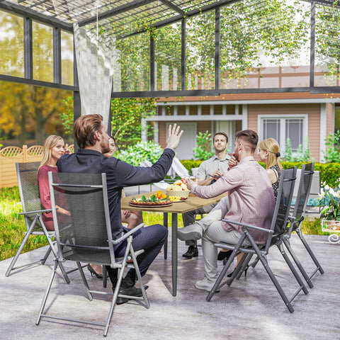 Gray mesh patio chairs with metal frames around outsunny brown garden dining table seats six with umbrella hole and slatted design