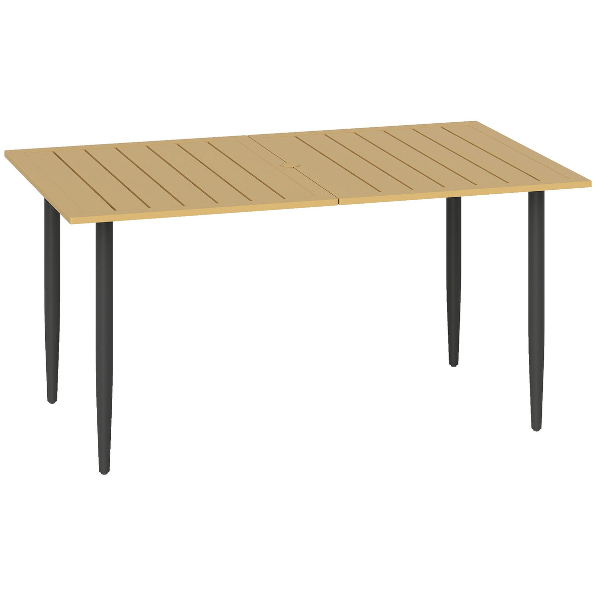 Beige outsunny garden dining table with slatted design black metal legs umbrella hole seats six for outdoor patio