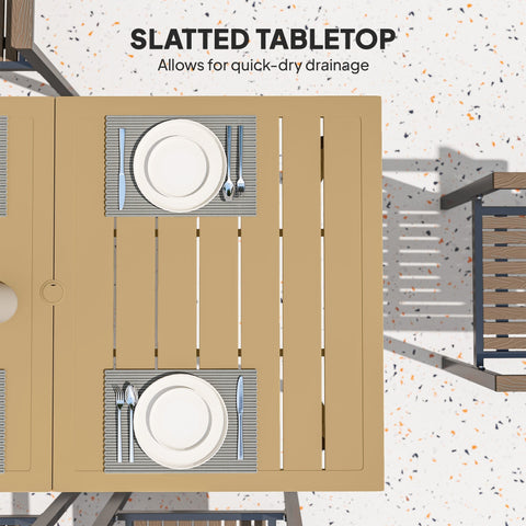 Beige outsunny garden dining table seats six with slatted design steel frame and 5 cm umbrella hole for quick-dry drainage