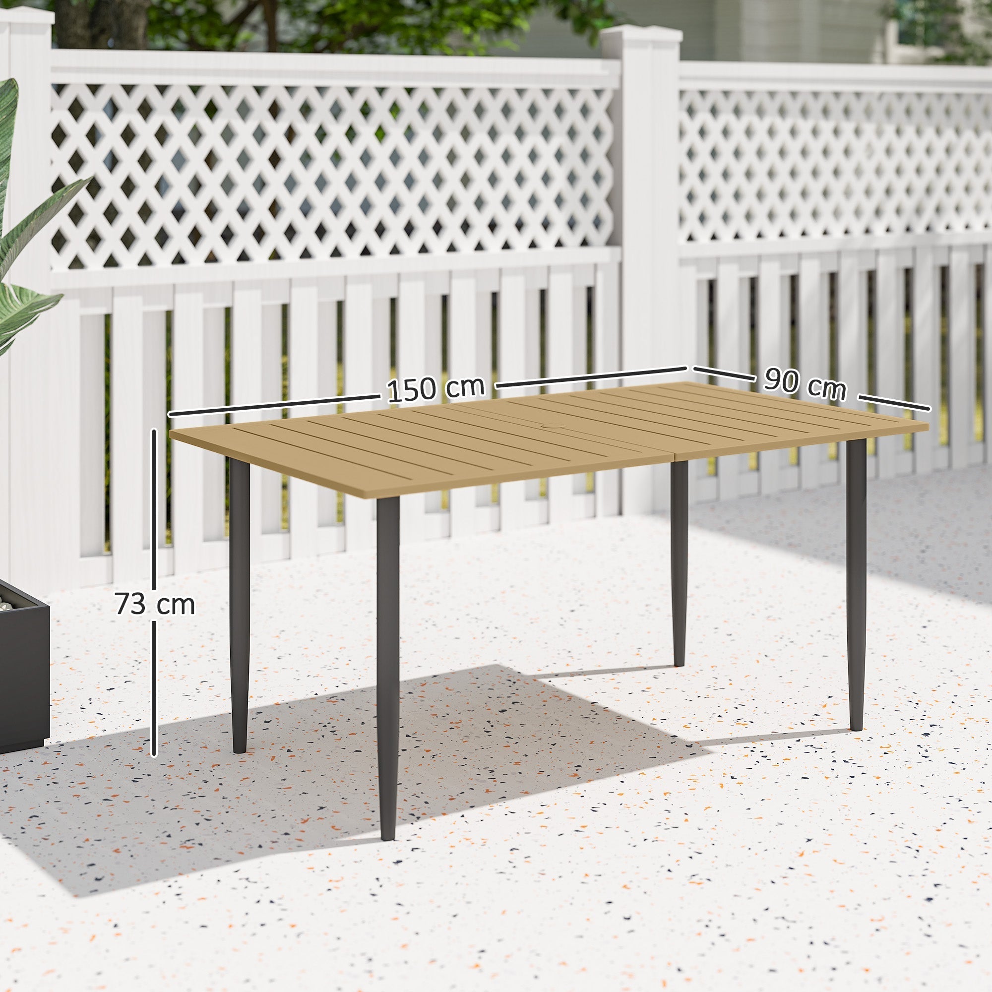 Outsunny garden dining table seats six with a brown slatted wooden top, dark gray steel frame, and umbrella hole for patio
