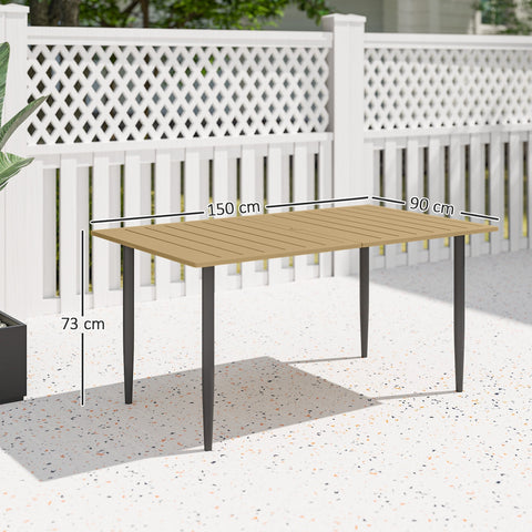 Outsunny garden dining table seats six with a brown slatted wooden top, dark gray steel frame, and umbrella hole for patio