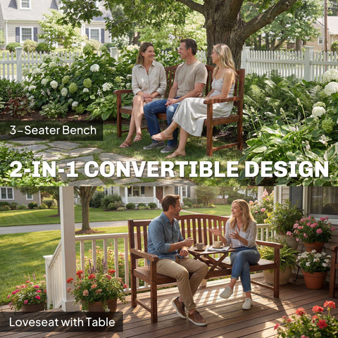 Outsunny garden bench dark brown wooden 2-in-1 loveseat with liftable table and waterproof cover for outdoors