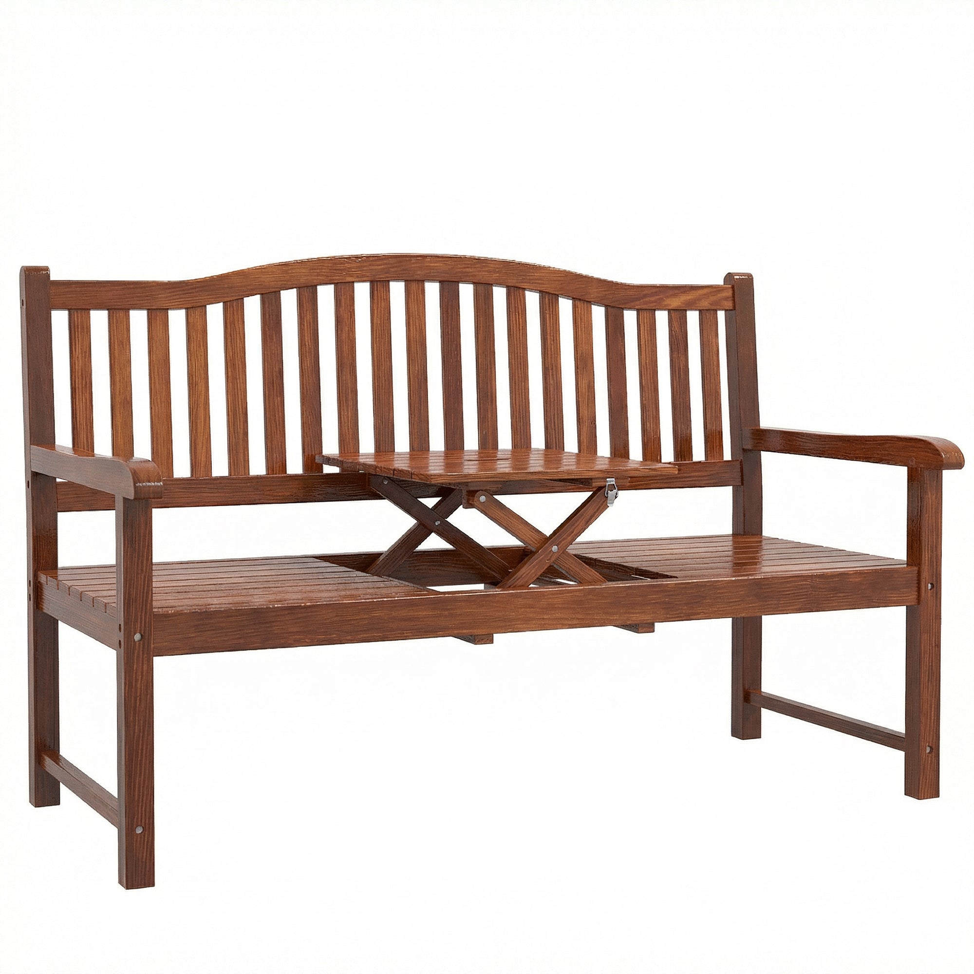 Brown wooden outsunny garden bench with liftable table in the center perfect for outdoor seating and relaxation