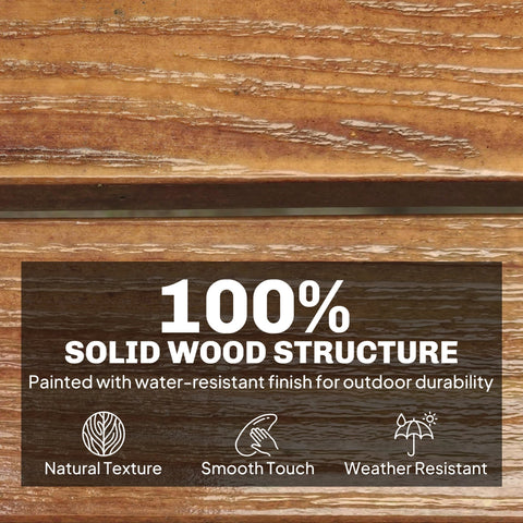 Rustic light brown outsunny garden bench with warm wooden deck board and smooth water-resistant finish with liftable table