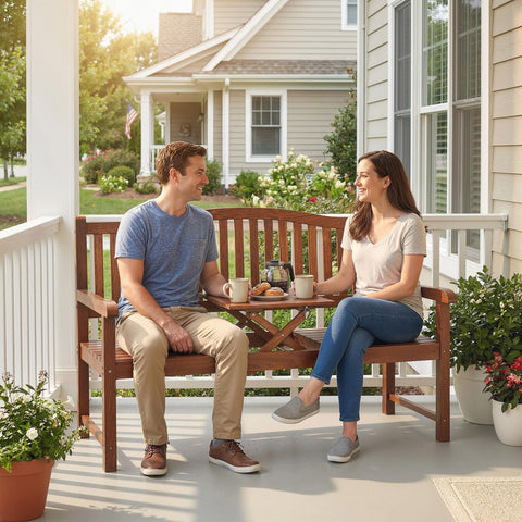 Wooden outsunny garden bench with warm brown finish, classic slats, and liftable table for outdoor use