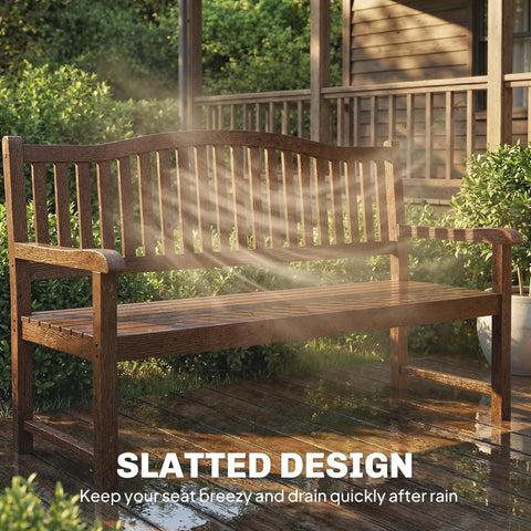 A rustic outsunny garden bench in light brown wood with slatted design and liftable table on a wet deck