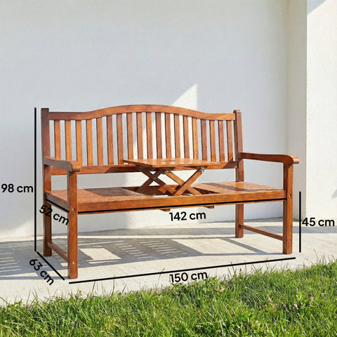 Brown wooden outsunny garden bench with liftable table in the center 2-3 seater outdoor garden bench