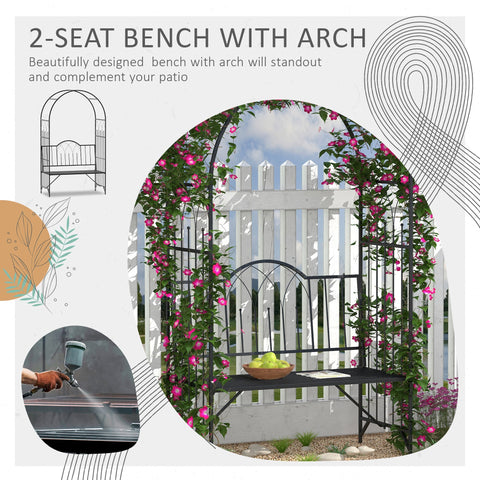 Outsunny Garden Metal Arch Bench Outdoor Patio Rose Trellis Arbour Pergola for Climbing Plant Antique Style 2-Seater Chair, Black