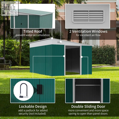 Teal green metal garden storage shed with double sliding doors and ventilation windows for outdoor tool storage