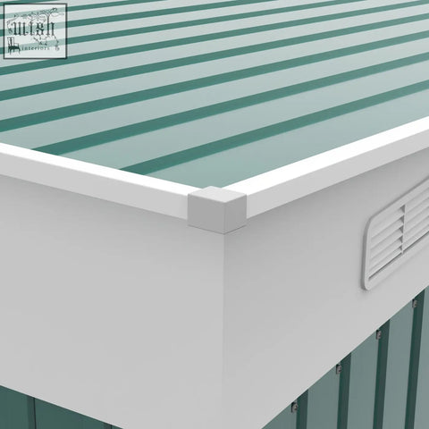 White plastic corner trim on teal striped siding of an outsunny garden storage shed with double sliding doors and vents
