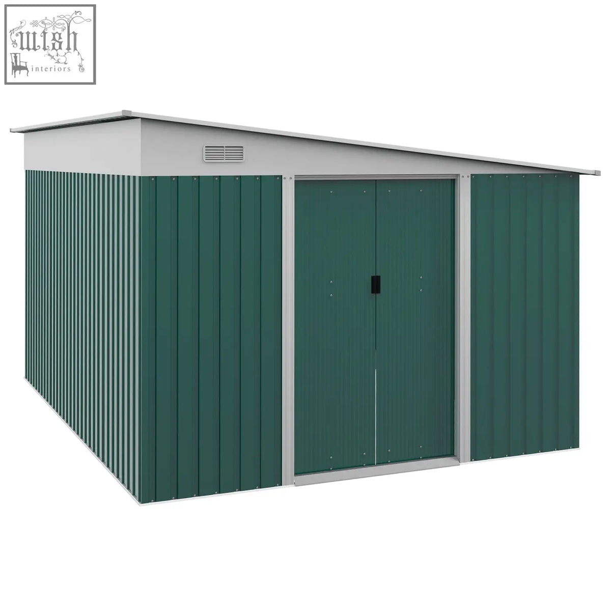 Green metal garden storage shed with gray roof and trim featuring double sliding doors and 2 air vents