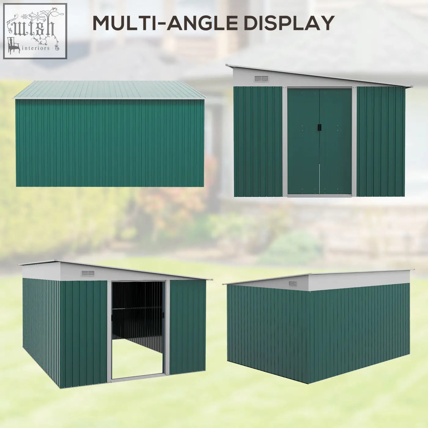 Green metal garden storage shed with white roof and double sliding doors for outdoor tool storage