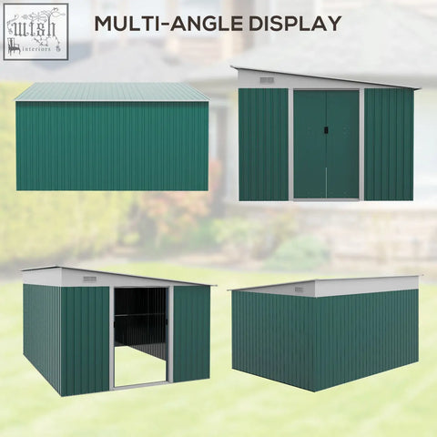 Green metal garden storage shed with white roof and double sliding doors for outdoor tool storage
