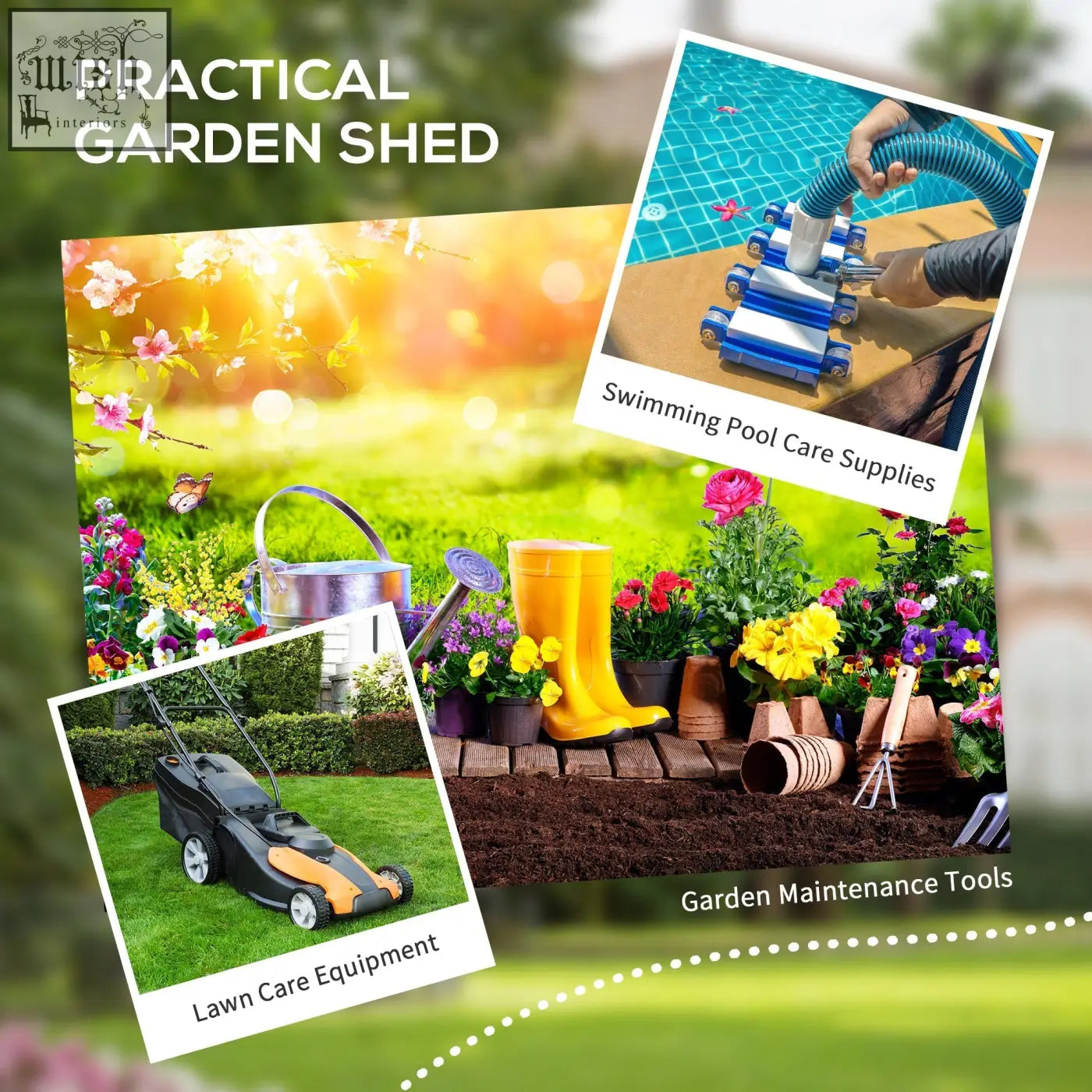 Yellow rubber gardening boots with glossy finish beside green outsunny garden storage shed with double sliding doors