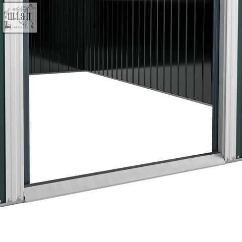 Black corrugated metal double sliding door with silver frame on outsunny garden storage shed for outdoor tool storage