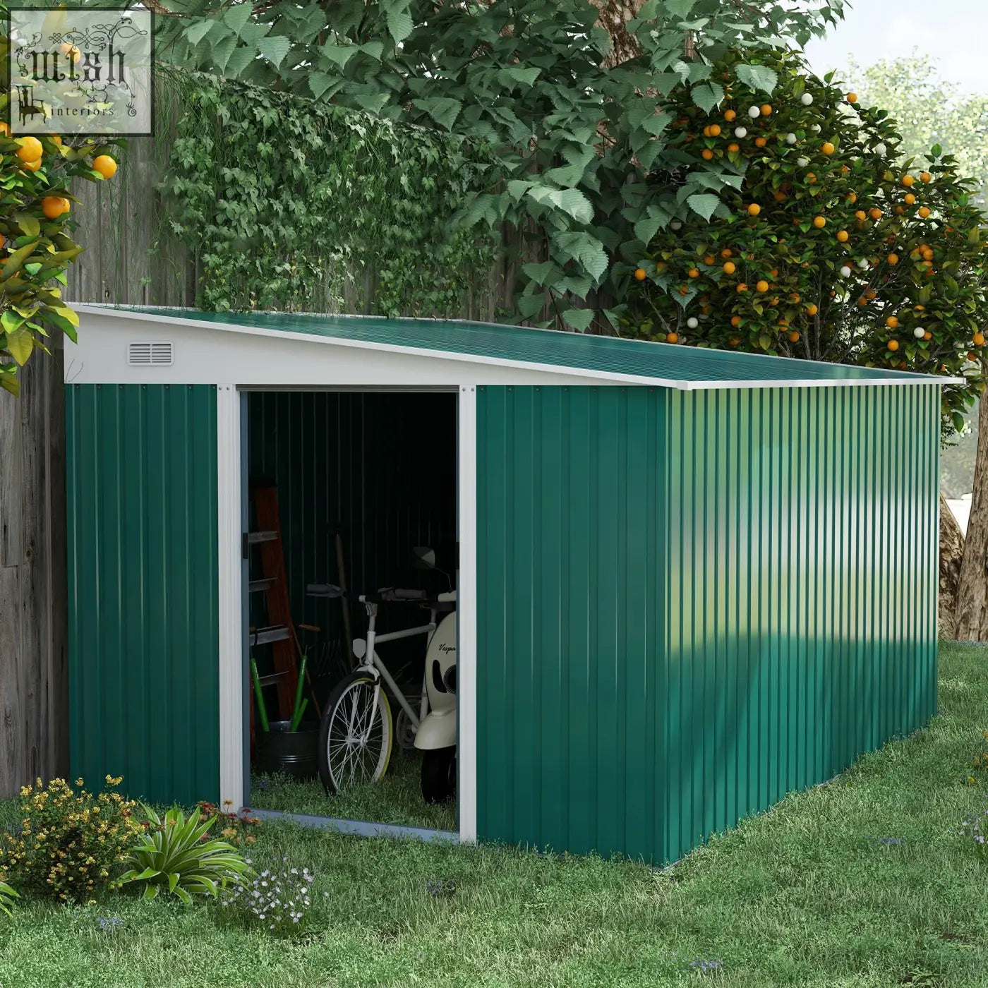 Green outsunny garden storage shed with double sliding metal doors white trim and slanted roof for outdoor use