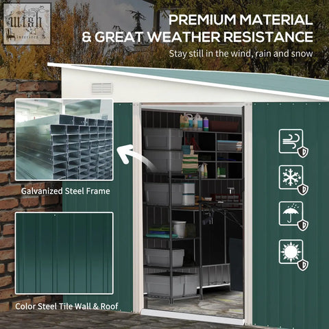 Green steel garden storage shed with galvanized frame double sliding doors and air vents for outdoor tool storage