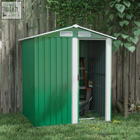 Green corrugated metal outsunny garden shed with white trim sliding door and foundation kit included