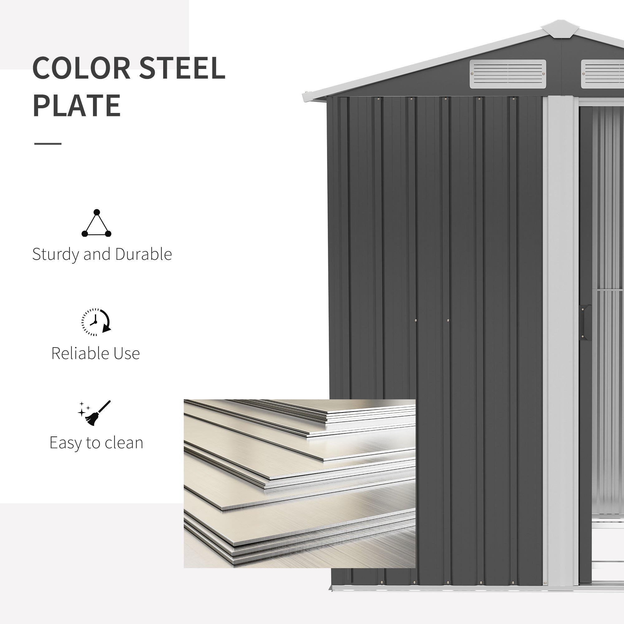Dark gray steel plate with vertical ridges on outsunny garden metal tool storage shed with sliding door and foundation kit