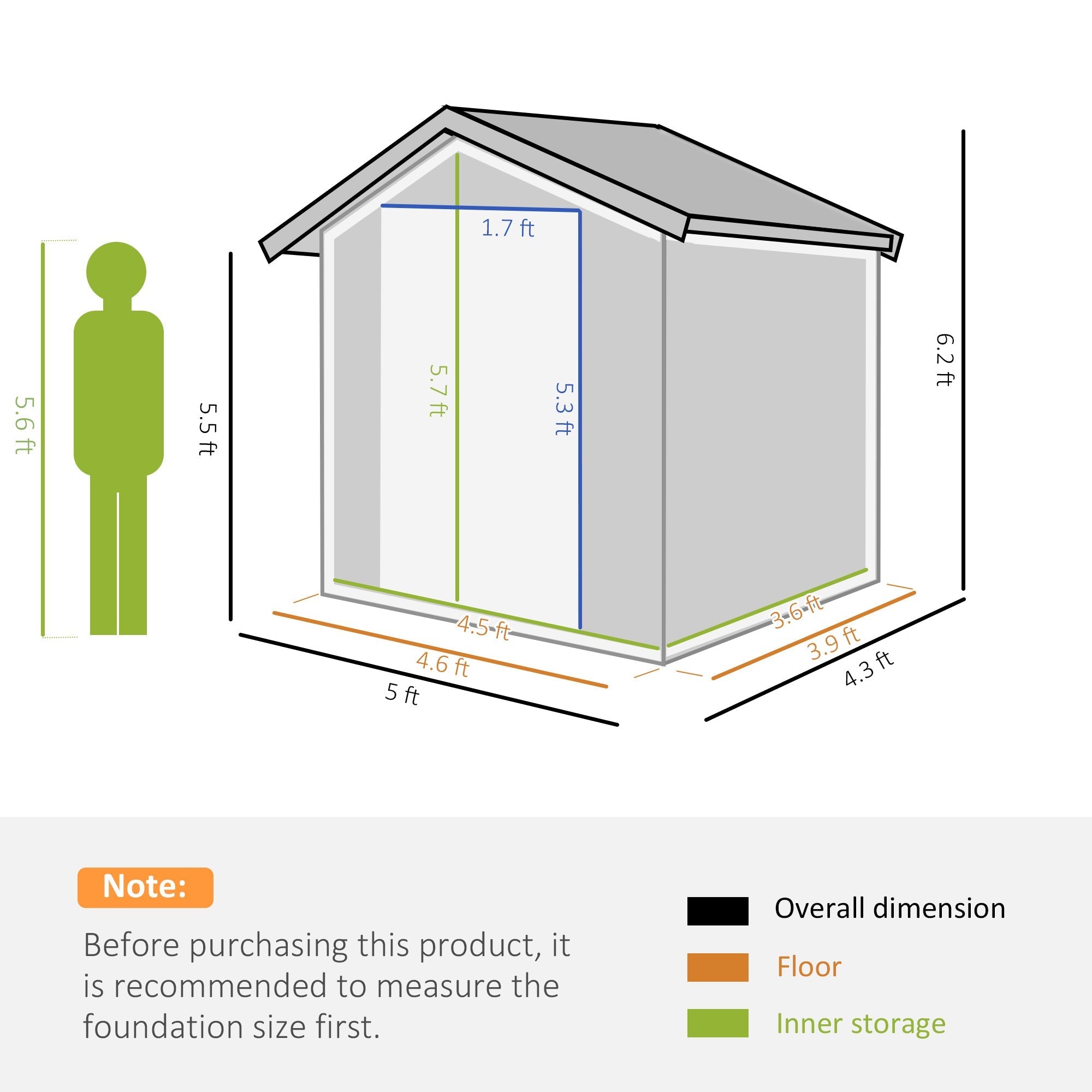 Gray wooden outsunny garden metal tool storage shed with sliding door sloped roof foundation kit and labeled dimensions