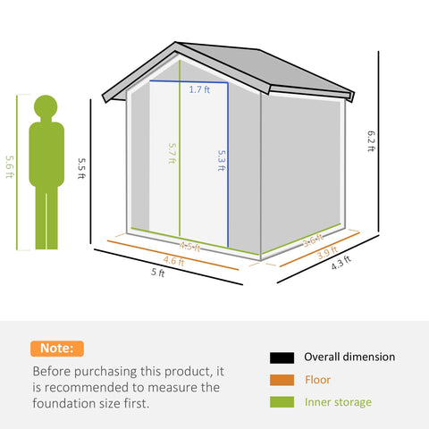 Gray wooden outsunny garden metal tool storage shed with sliding door sloped roof foundation kit and labeled dimensions