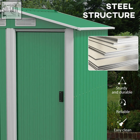 Green Outsunny garden metal tool storage shed with sliding door steel structure white trim and foundation kit included