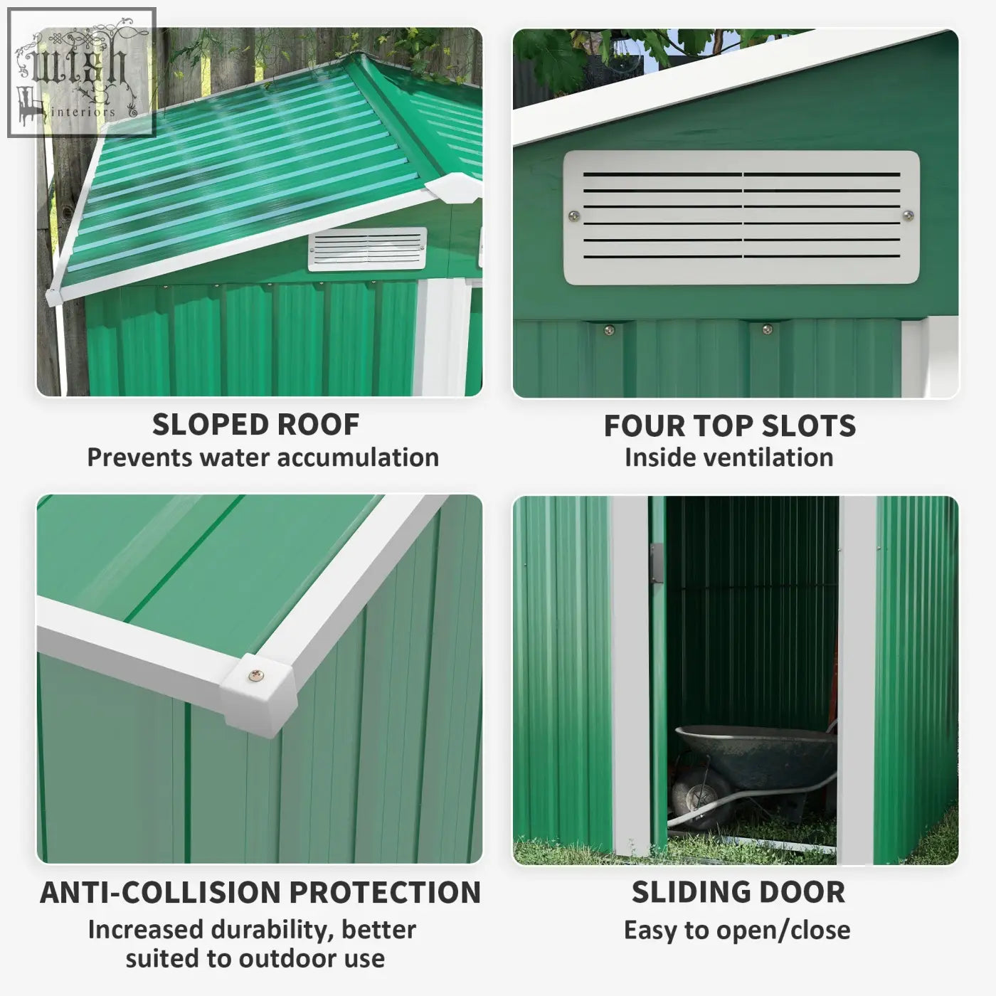 Green outsunny metal garden shed with sliding door, white trim, sloped roof, and foundation kit included