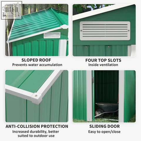 Green outsunny metal garden shed with sliding door, white trim, sloped roof, and foundation kit included