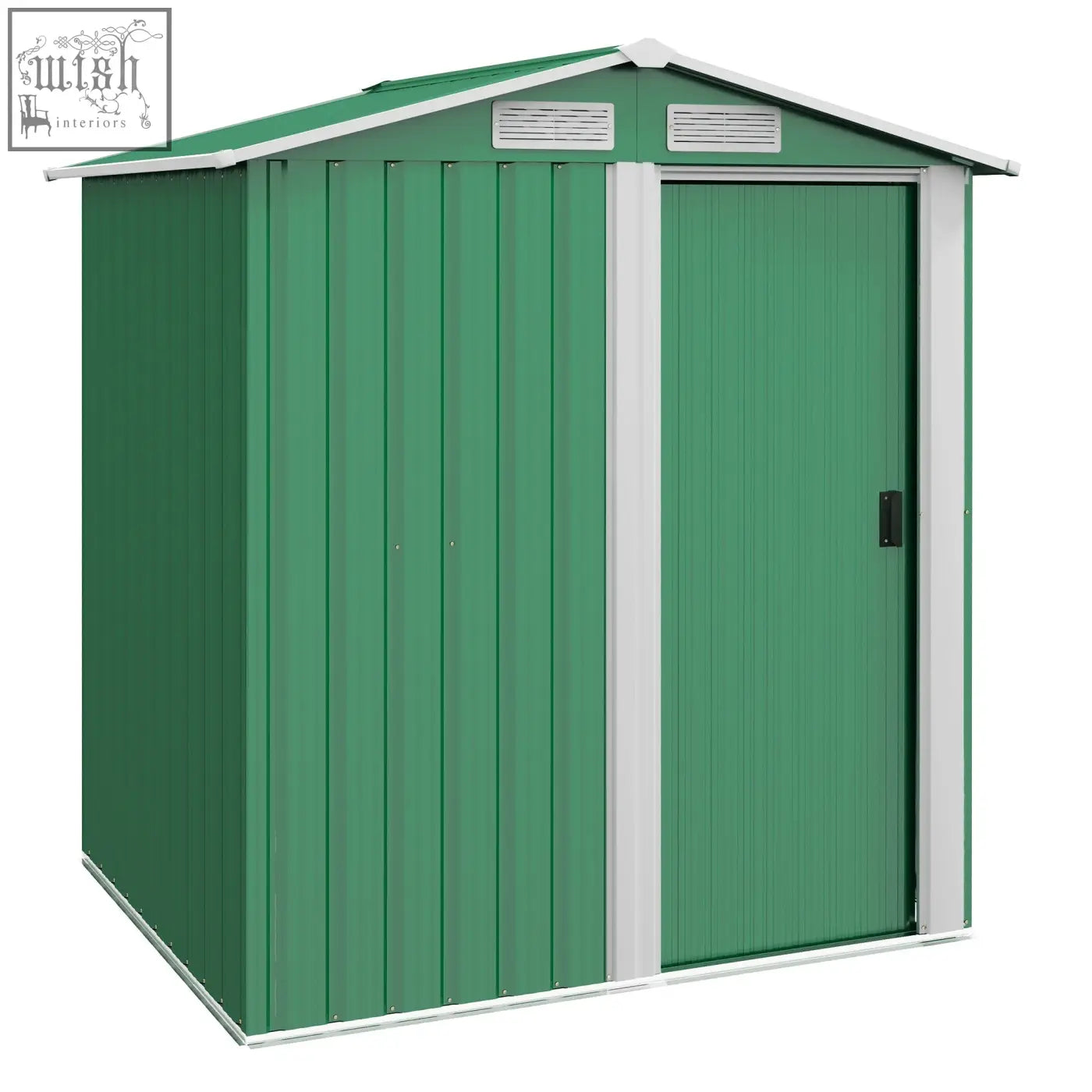 Green metal garden shed with white trim and sliding door foundation kit included for easy setup