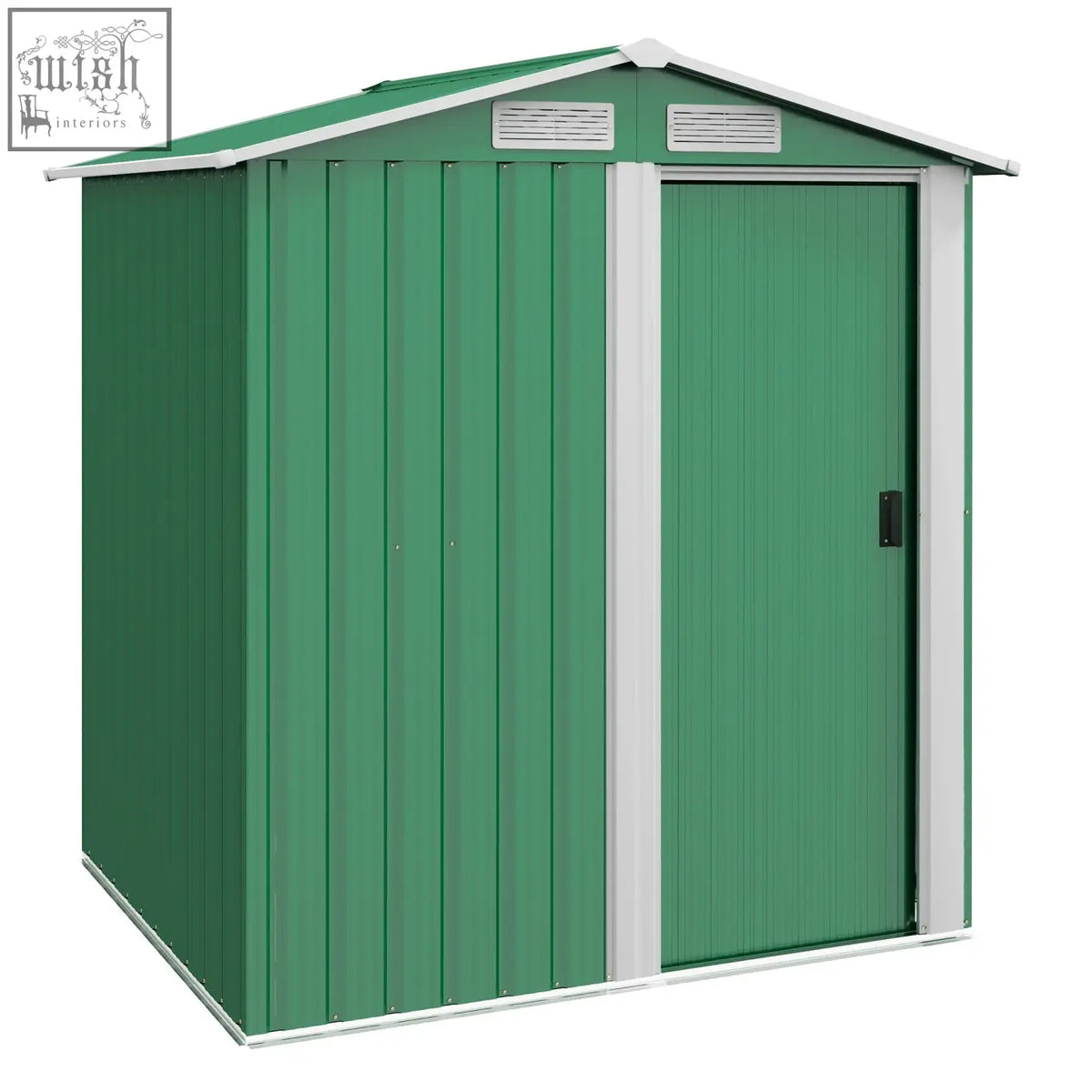 Green metal garden shed with white trim and sliding door foundation kit included for easy setup