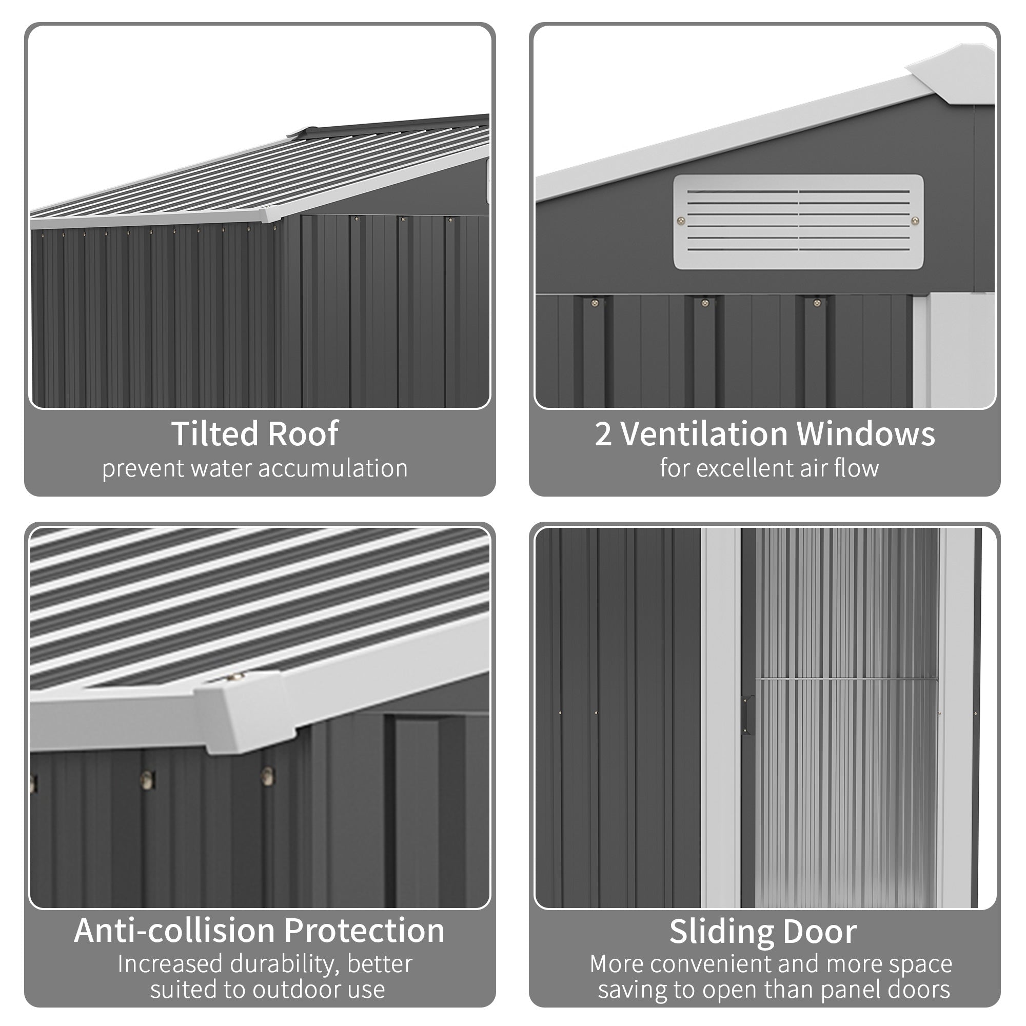 Dark gray metal outsunny garden tool storage shed with sliding door, foundation kit, and easy access inside