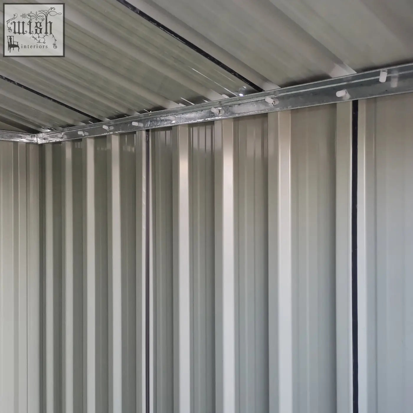Gray corrugated metal siding with vertical ridges and silver beam on outsunny garden metal tool shed with sliding door and foundation kit included