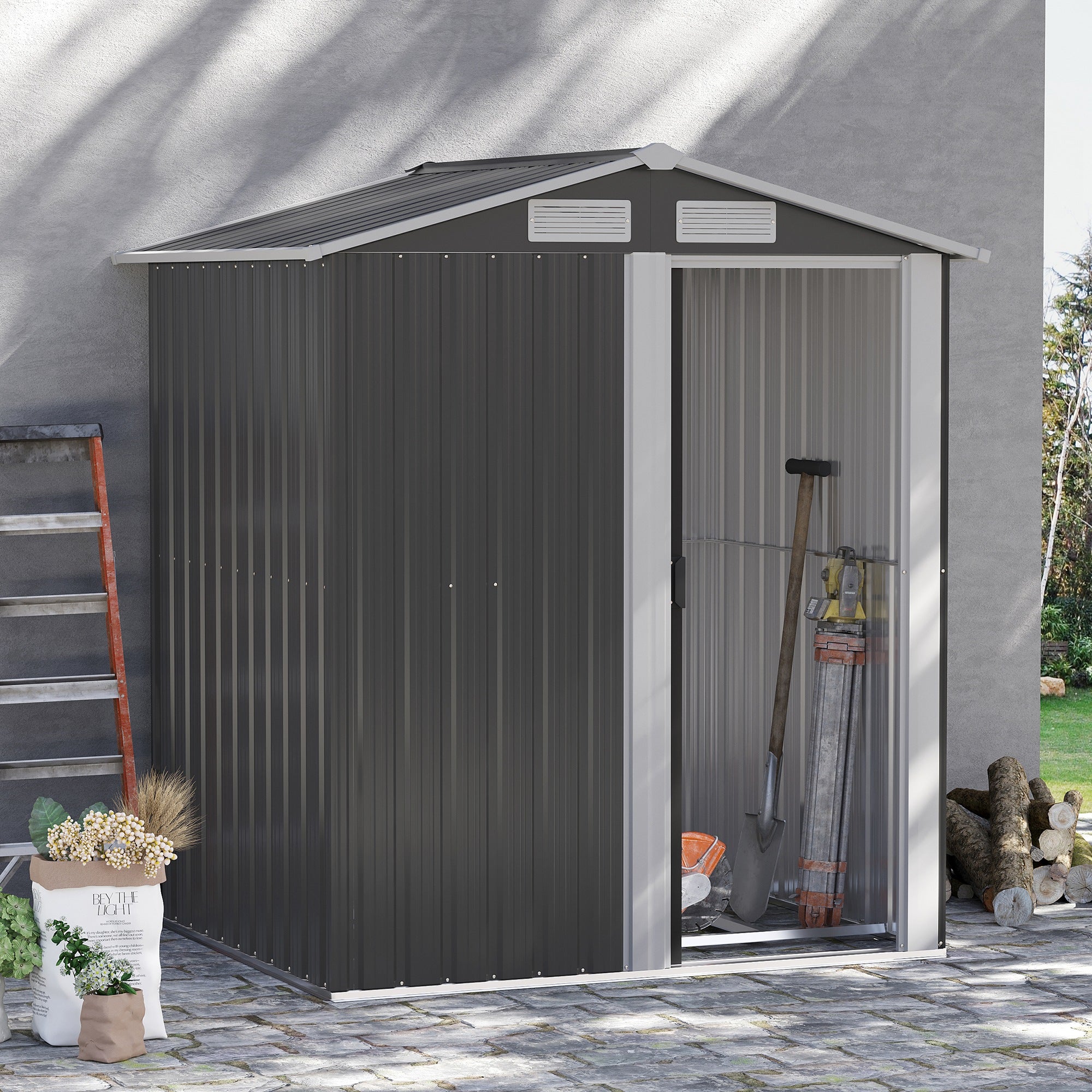Dark gray metal garden shed with white trim, vertical siding, sliding door, sloped roof, and foundation kit for easy access inside