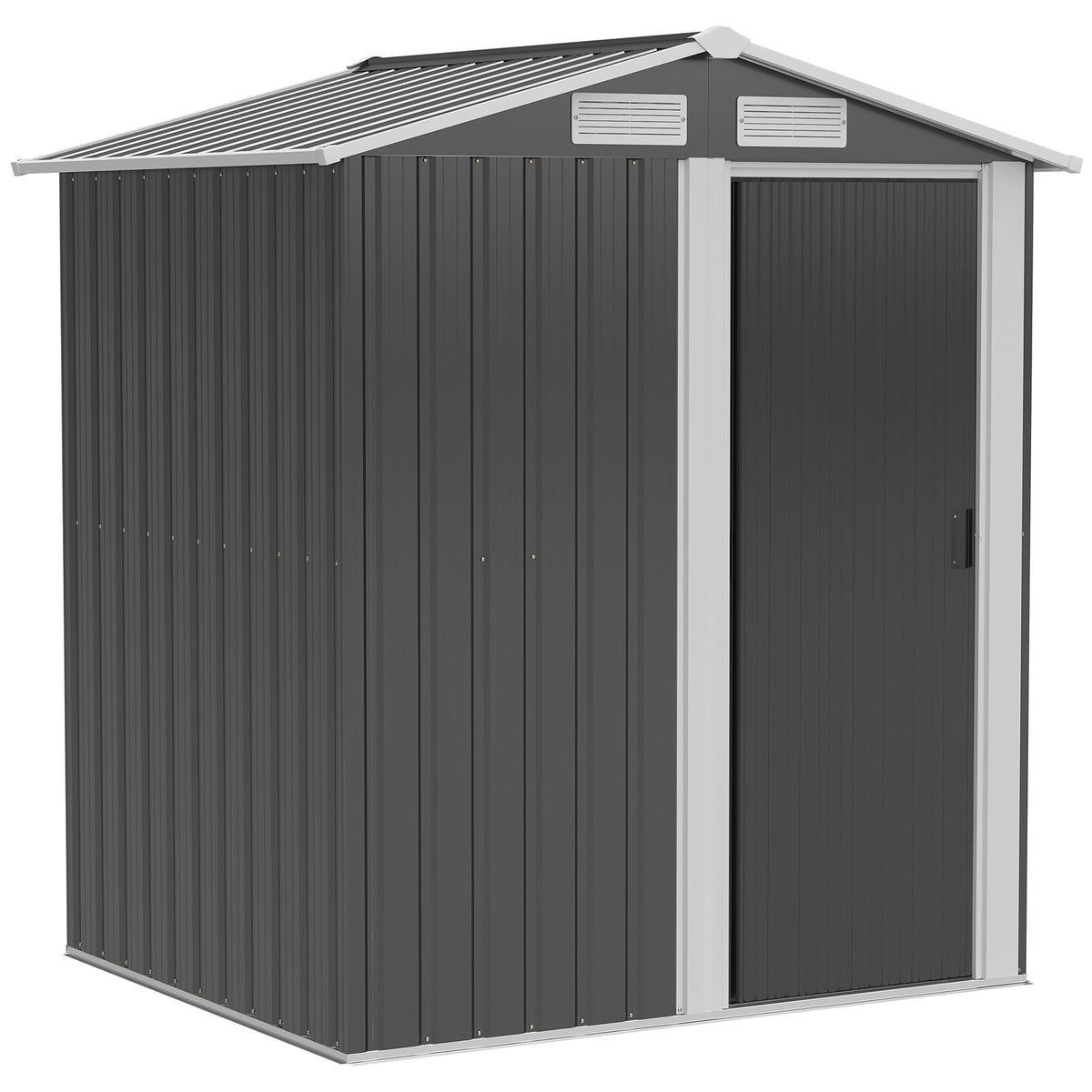 Dark gray metal outsunny garden shed with sliding door, foundation kit, vertical siding, and vents for easy access inside